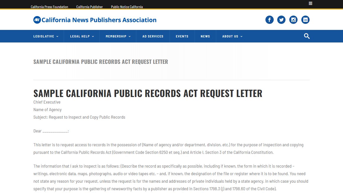 Sample California Public Records Act Request Letter