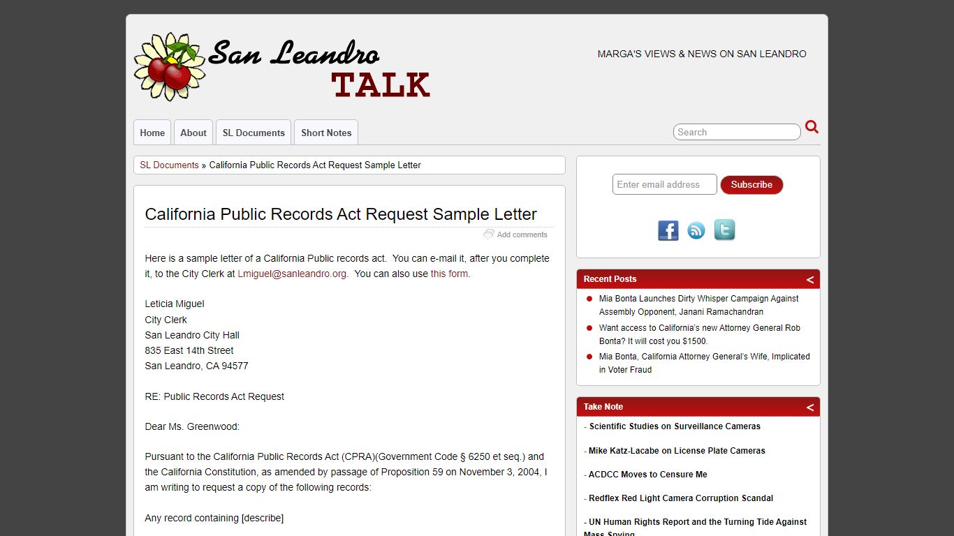 California Public Records Act Request Sample Letter