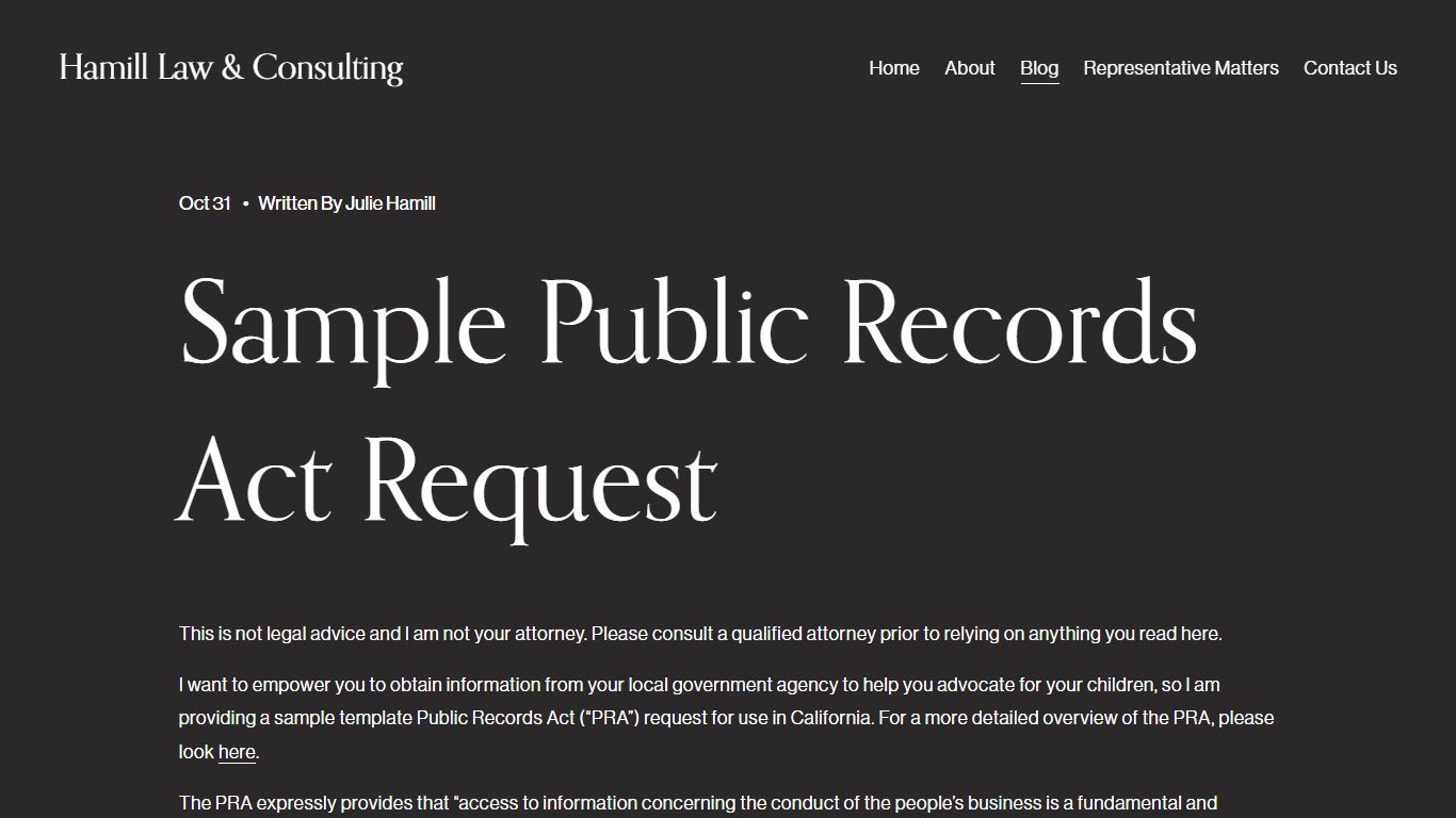 Sample Public Records Act Request — Hamill Law & Consulting